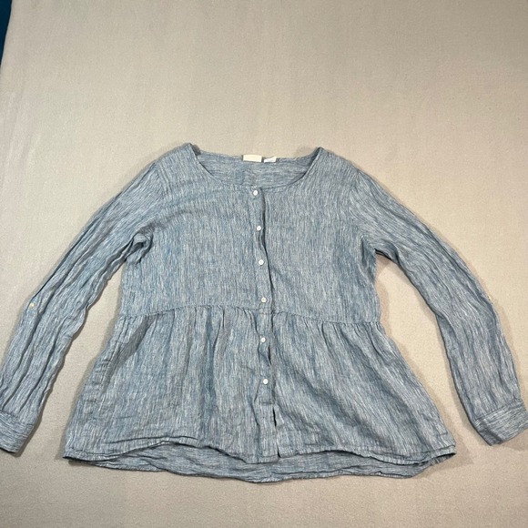 Sigrid Olsen Tops - Sigrid Olsen Blue Striped 100% Linen Peplum Button Front Long Sleeve Top Women M